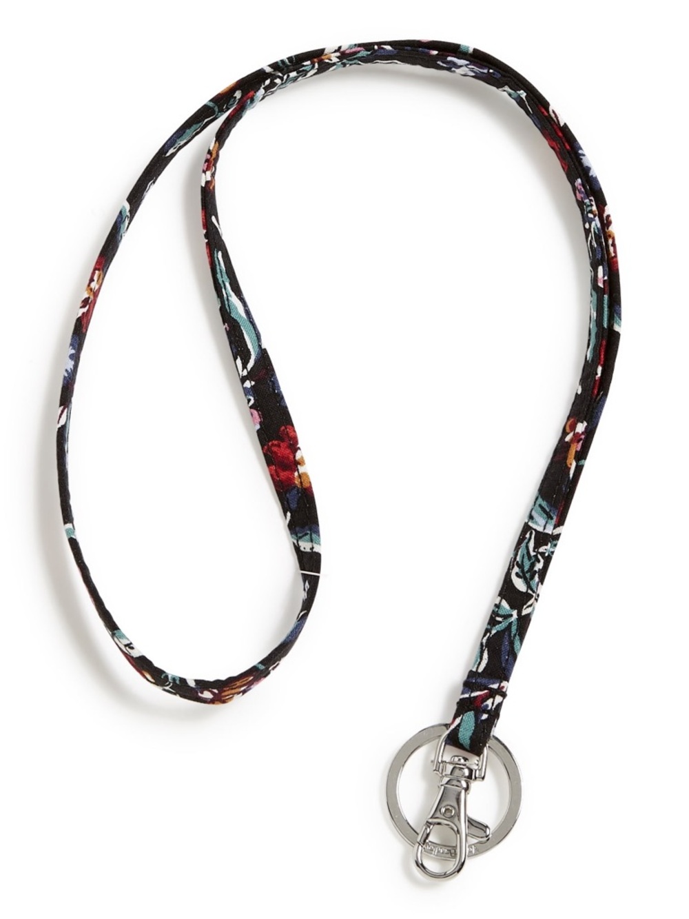 Vera Bradley Floral Black Fabric Lanyard with Silver Hardware and Purple Minky